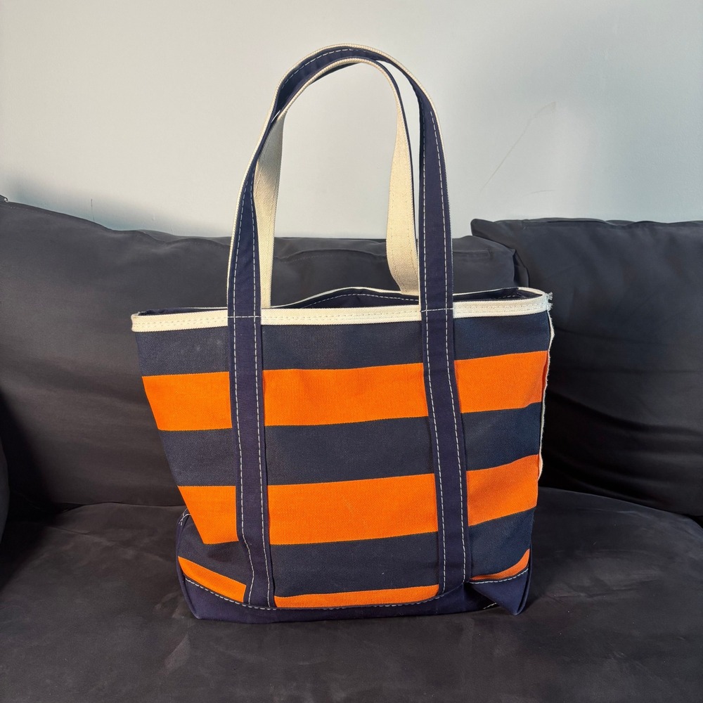 RARE LL Bean Boat and Tote Zip Top Canvas Bag Navy Blue Orange Striped Medium